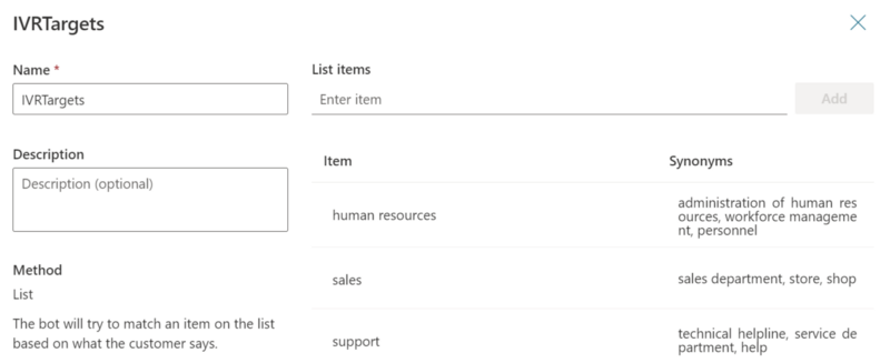 Figure 13: Create a Custom Entity "IVRTargets" as closed lis