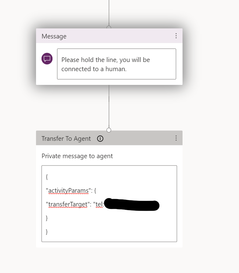 Figure 9: Create a "Message" and a "transfer to agent" node