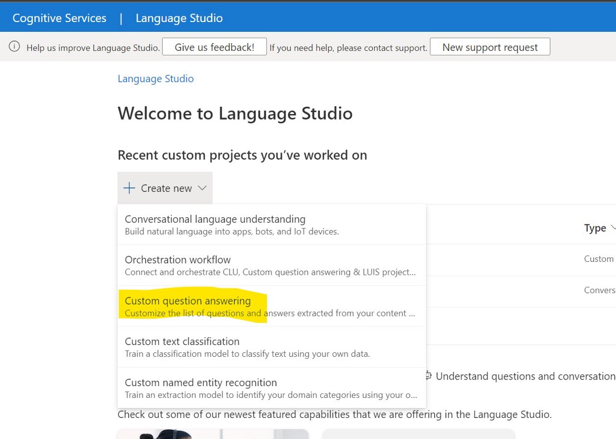 Figure 4: Create a new Custom Question Answering Project