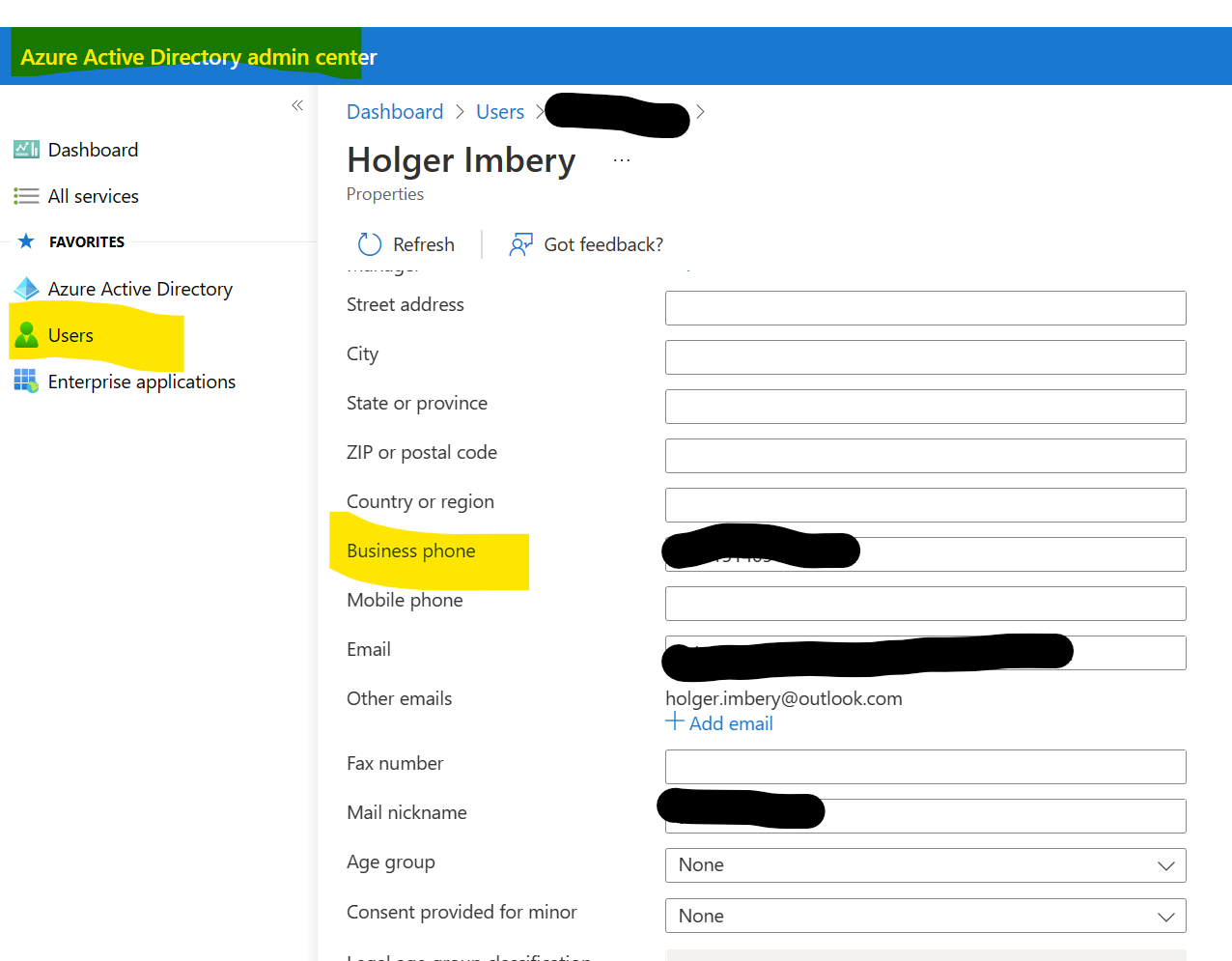 Figure 1: Add phone number in Business Phone field